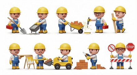 Set of Construction Workers in Various Activities
