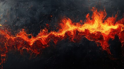 Fototapeta premium In the heart of a black canvas, fiery tongues of crimson and orange writhe in slow motion, their incandescent glow casting an ethereal spell on the viewer.