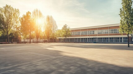 Serene Schoolyard Scene at Sunset With Trees and Empty Playground