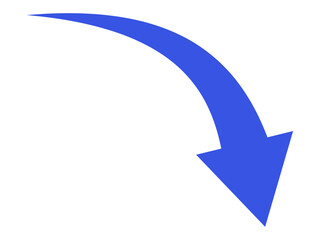 右に下降する青い曲線の矢印イラスト