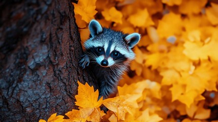 Curious raccoon autumn tree leaves forest wildlife