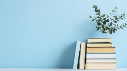 Stack of Colorful Books and Green Plant on Blue Background