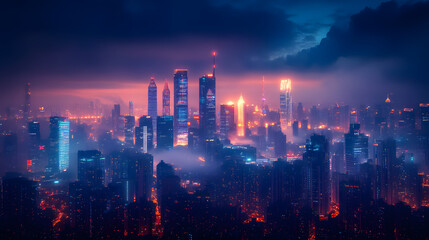 Fototapeta premium Vibrant city skyline at twilight with illuminated skyscrapers amidst a misty atmosphere