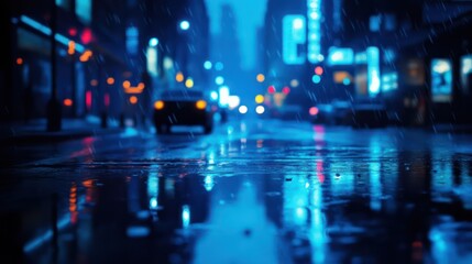 Obraz premium Evening urban street reflecting lights during a rain shower