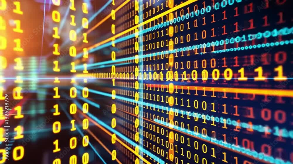 Poster vibrant digital display of binary code on screen showcasing dynamic data processing, technology, and