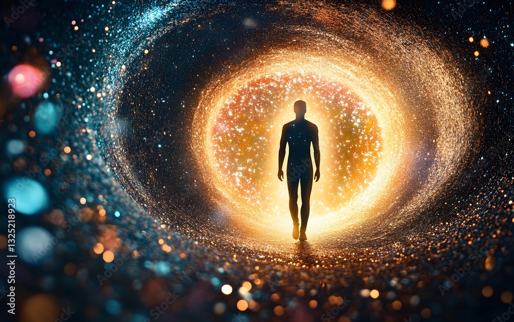 Wall mural a mysterious figure emerging from a swirling vortex of light, with colorful fragments floating aroun
