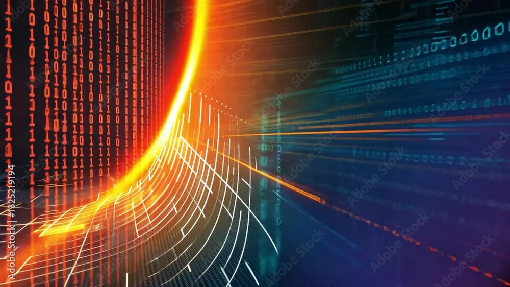 Poster vibrant digital abstract landscape featuring binary code and dynamic lines futuristic technology and