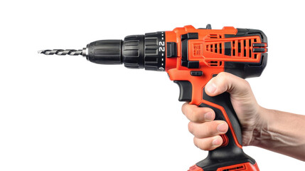 Construction worker holding cordless drill with transparent background