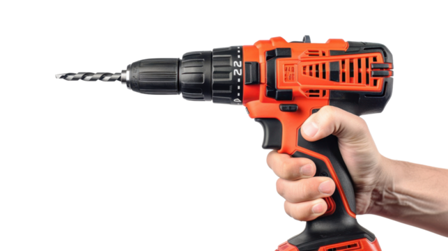 Construction worker holding cordless drill with transparent background