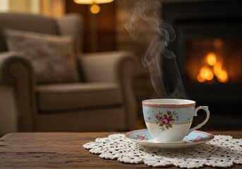 Fototapeta premium Delicate porcelain teacup with steam rising in a cozy atmosphere