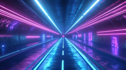 A futuristic tunnel design with glowing neon lights and road