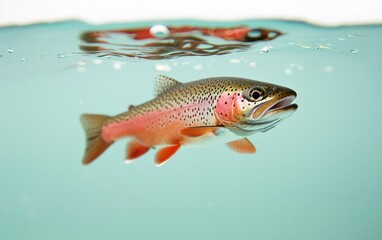 Close-up view of a trout swimming underwater. The fish is predominantly brown and speckled, with hints of pink and orange along its sides. The water is a pale teal color, and the background is