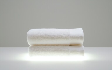 Two fluffy white towels stacked neatly on a white surface, illuminated from below.  Clean, simple, and soft
