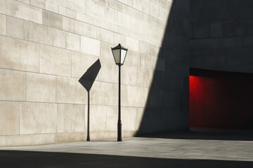 An urban corner with dramatic contrasts of light and shadow from modernist streetlamps