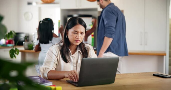 Remote work, laptop and mother in kitchen in home reading email for company overdraft protection approval. Computer, mom and freelance accountant with online tax audit or businesss expense claim.