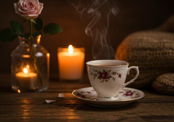 Fototapeta premium Delicate porcelain teacup with steam rising in a cozy atmosphere