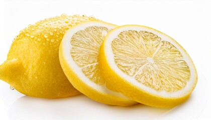 sliced lemon citrus fruit with water drops isolated on white background full depth of field