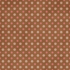 Brown ditsy daisy seamless pattern with pink and cream flowers, retro geometric fabric texture perfect for scrapbooking and crafting.