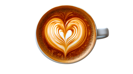 coffee cup featuring a beautifully crafted heart-shaped latte art design. Perfect for cafe branding, menu designs, social media. Coffee Cup Isolated on Transparent Background.