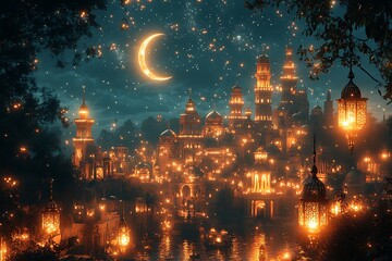Obraz premium Luminous Cityscape with Glowing Lanterns Under a Crescent Moon
