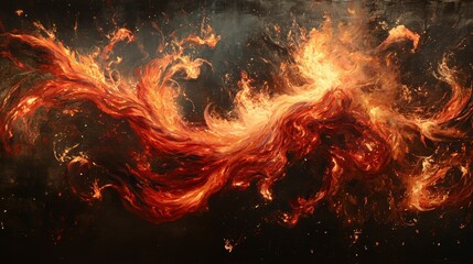 A fiery spectacle unfolds against the backdrop of a velvety black canvas, where the flames, like restless spirits, writhe and dance, casting an ethereal glow.