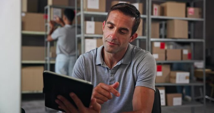 Tablet, supply chain and man in warehouse for distribution stock with cardboard boxes on shelf. Digital technology, packages and male delivery coordinator checking online order for ecommerce parcel.