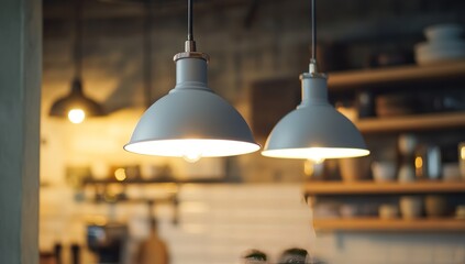 Obraz premium Two gray pendant lights illuminate a cafe interior.