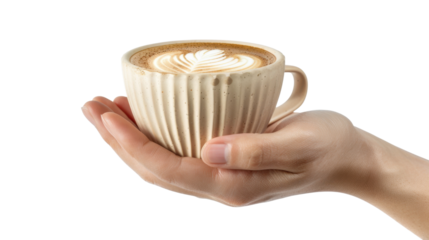 Woman hand holding beige ceramic mug with latte art on transparent background