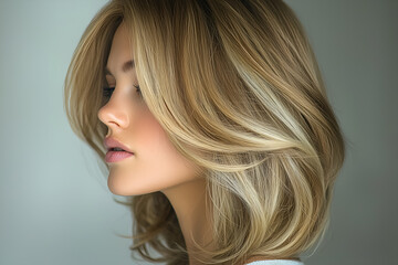 Fototapeta premium Side profile of a woman with a layered haircut, voluminous and flowing, professionally styled, natural look, white background.