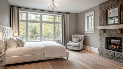 A glamorous and luxurious bedroom in a rustic farmhouse style, featuring large windows that allow natural light to flood the space