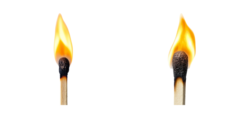 Close-up of Two Matches Igniting with Bright Flames and Darkened Tips