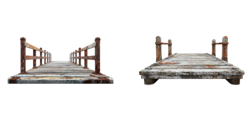 Weathered wooden dock extending over tranquil water at dusk