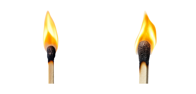 Close-up of Two Matches Igniting with Bright Flames and Darkened Tips