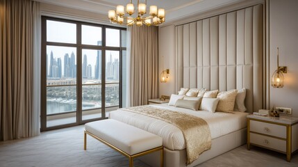 Fototapeta premium A glamorous bedroom with a soft beige velvet headboard and luxurious cream and gold bedding