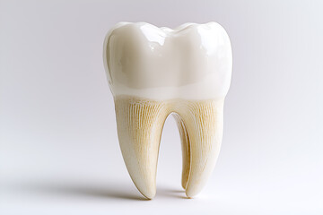 Macro shot of a single molar tooth isolated on a clean white background, detailed enamel texture, natural ridges, and realistic translucency.
