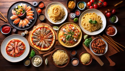 a delicious variety of italian pasta and pizza alongside japanese sushi beautifully arranged on a wooden table with fresh garnishes and spices