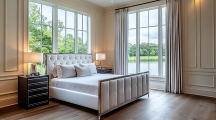 Fototapeta premium A high-end bedroom with soft cream wall panels, a plush white headboard, and a silver bed frame