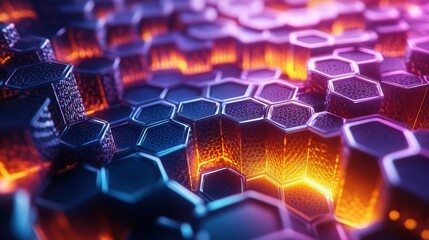 Obraz premium A vibrant honeycomb structure, meticulously rendered in 3D, beckons with a futuristic aura, its intricate hexagonal patterns hinting at an inner honeycomb of pure energy.