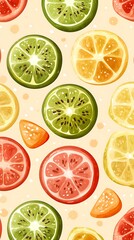 Fruit slices pattern, background of dots, food illustration