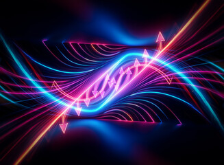 Abstract neon lines of blue and red colors create a symmetrical wave pattern with arrows in the center, glowing against a dark backdrop.