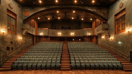 Obraz premium Empty theater auditorium with teal seats and wooden floor.