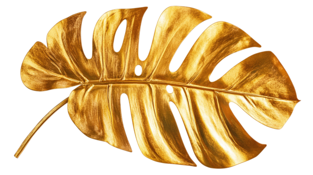 Golden tropical monstera leaf cut out. Isolated on a transparent background.