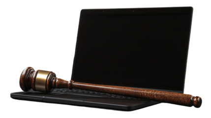 Judge's gavel and laptop with cut out screen on dark background of judge's or lawyer's office. copy space. based on generative ai. Isolated on a transparent background.