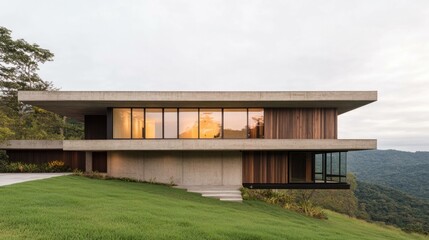 Fototapeta premium Modern concrete house with large windows and scenic view, showcasing minimalist design and natural surroundings in tranquil setting