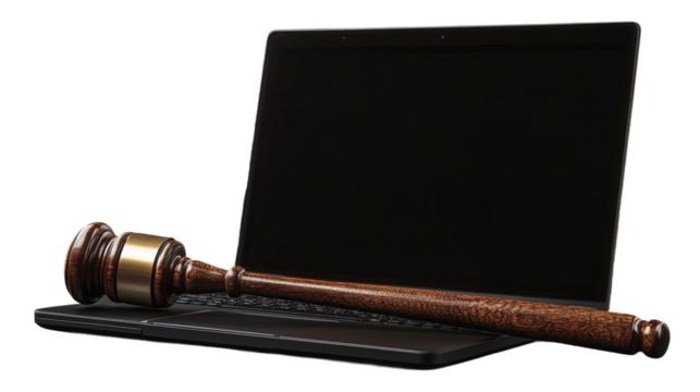 Judge's gavel and laptop with cut out screen on dark background of judge's or lawyer's office. copy space. based on generative ai. Isolated on a transparent background.