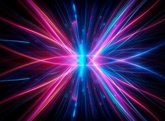 Naklejka premium Abstract design features neon pink and blue light streaks radiating from a bright central point against a black background, creating a dynamic and vibrant visual.