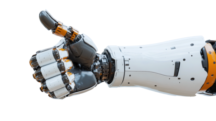 Robot hand with thumb up, cut out. Isolated on a transparent background.