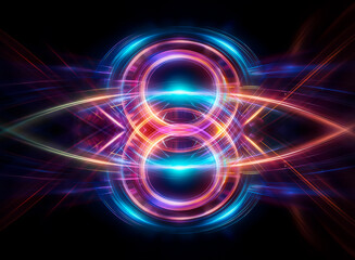 Symmetrical abstract artwork featuring vibrant glowing circles and lines in blue, purple, orange against black. Digital light effect.