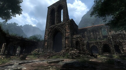 Obraz premium Ancient ruin with archways, scenic forest landscape, daytime
