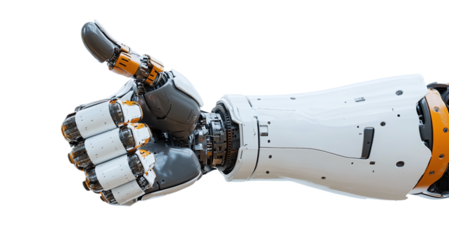 Robot hand with thumb up, cut out. Isolated on a transparent background.